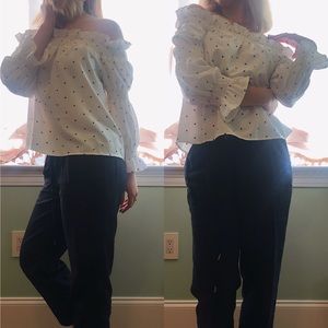 Polka Dot Off the Shoulder Ruffled Long Sleeve Top